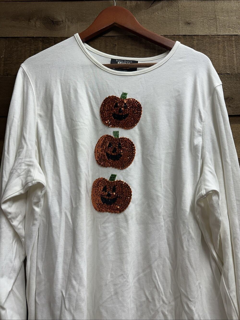 DESIGNER'S ORIGINALS Sequin Jack O Lantern Trio Pumpkin Halloween Top 2X